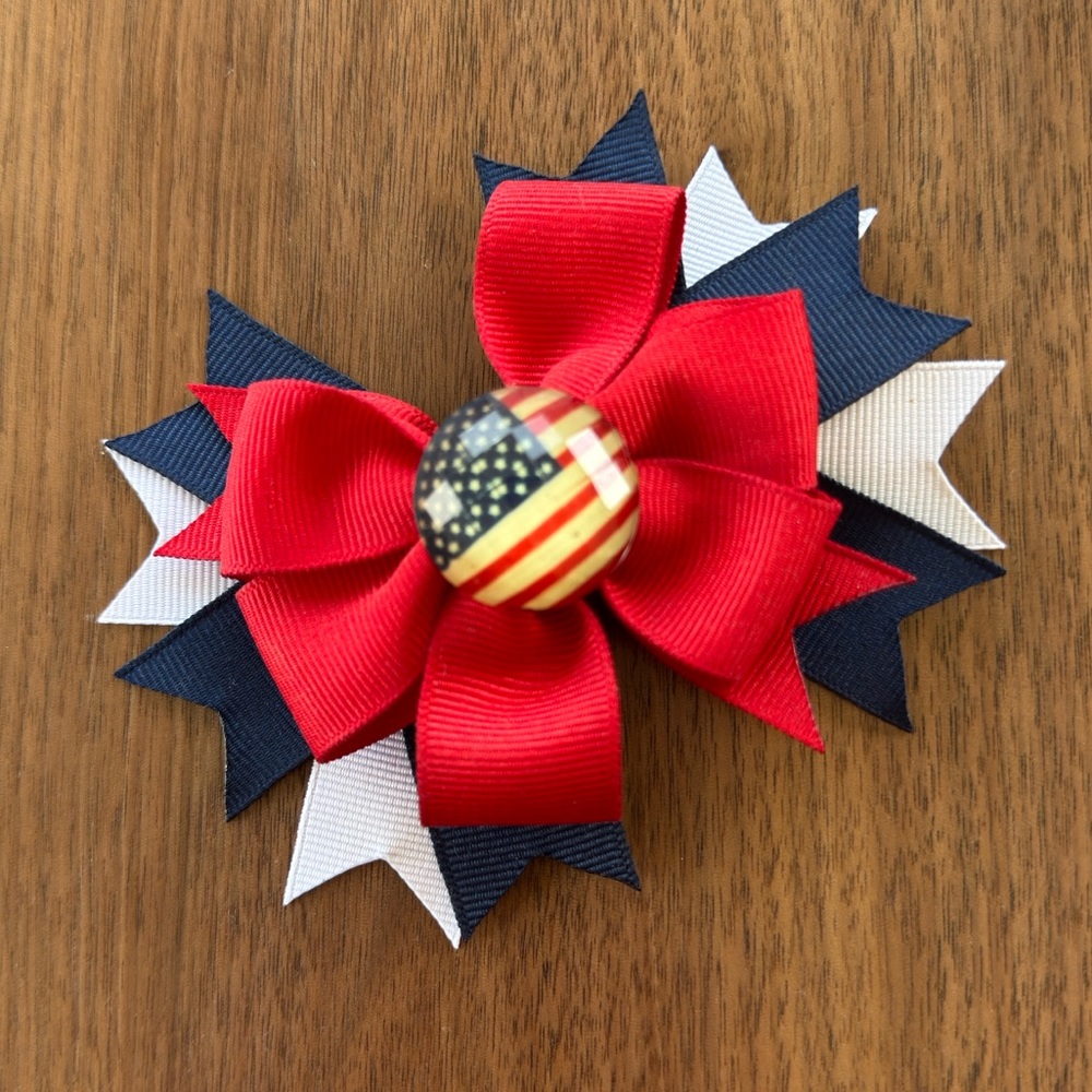 Red/White/Blue Flag Embellished Hair Bow with Clip - Handmade by Me - Picture 5 of 6